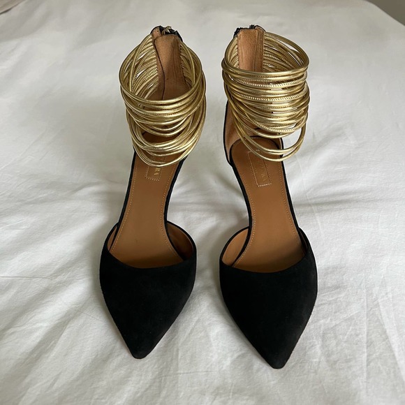 Aquazzura Shoes - Aquazzura Gold Ankle Strap Black Suede Pumps
